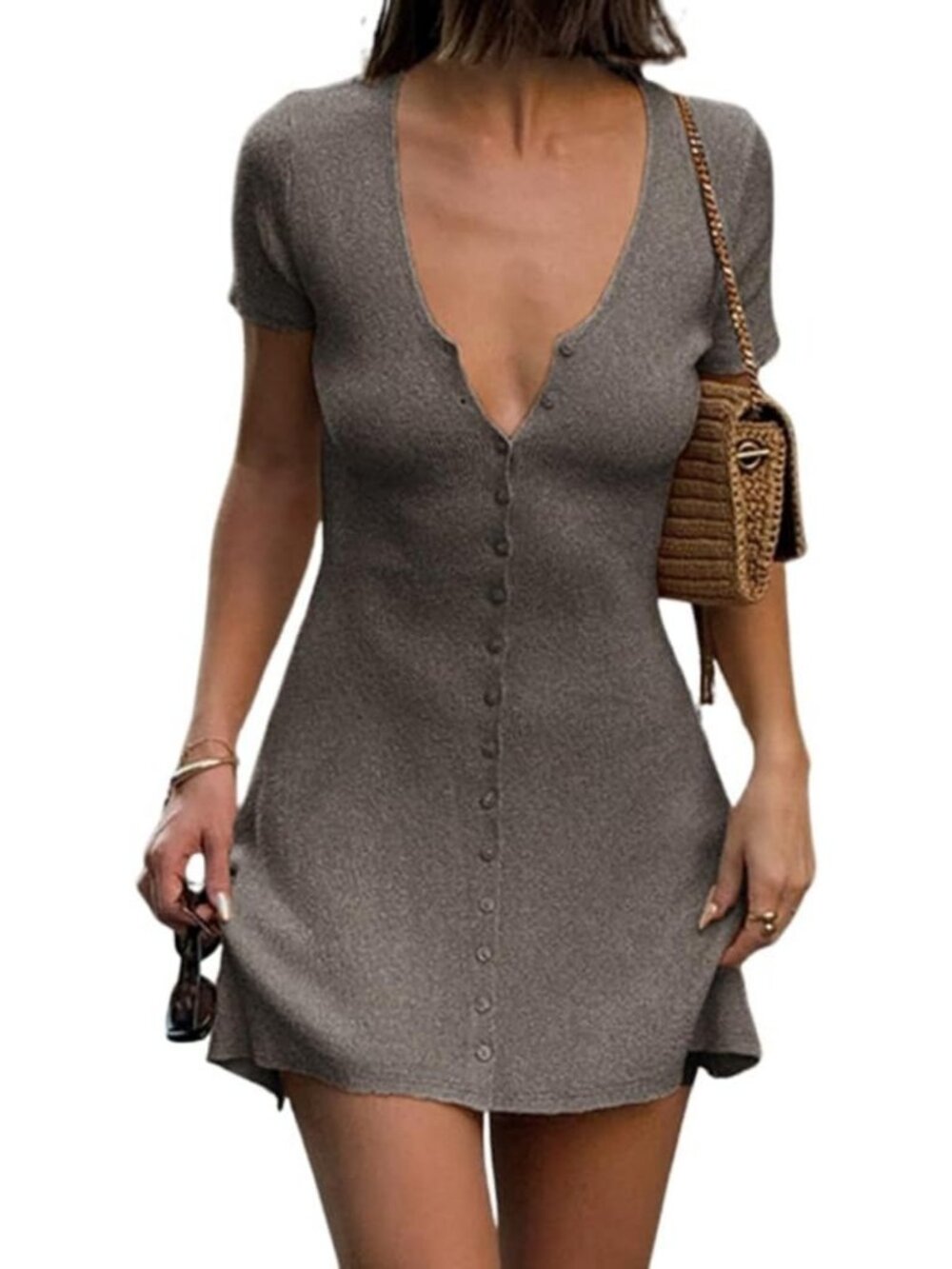 Elegant A-Line Knit Mini Dress | V Neck, Short Sleeve, Fit & Flare, Ribbed Style